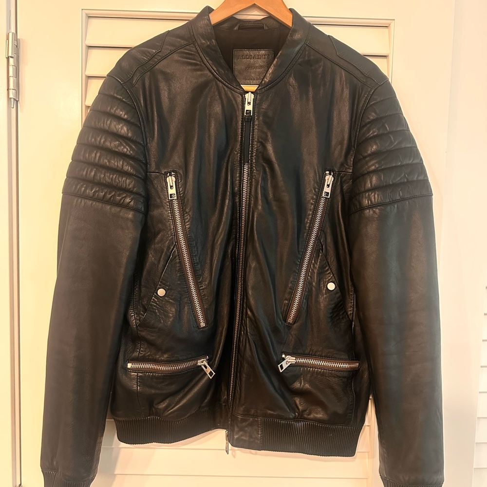 All Saints Black Leather Bomber Jacket